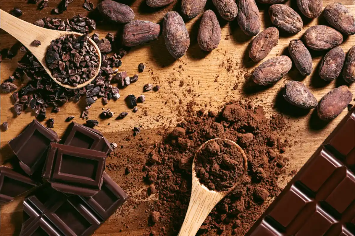 Chocolate en diferentes formas, desde habas de cacao hasta cacao en polvo y tabletas, perfecto para hacer croquetas dulces.