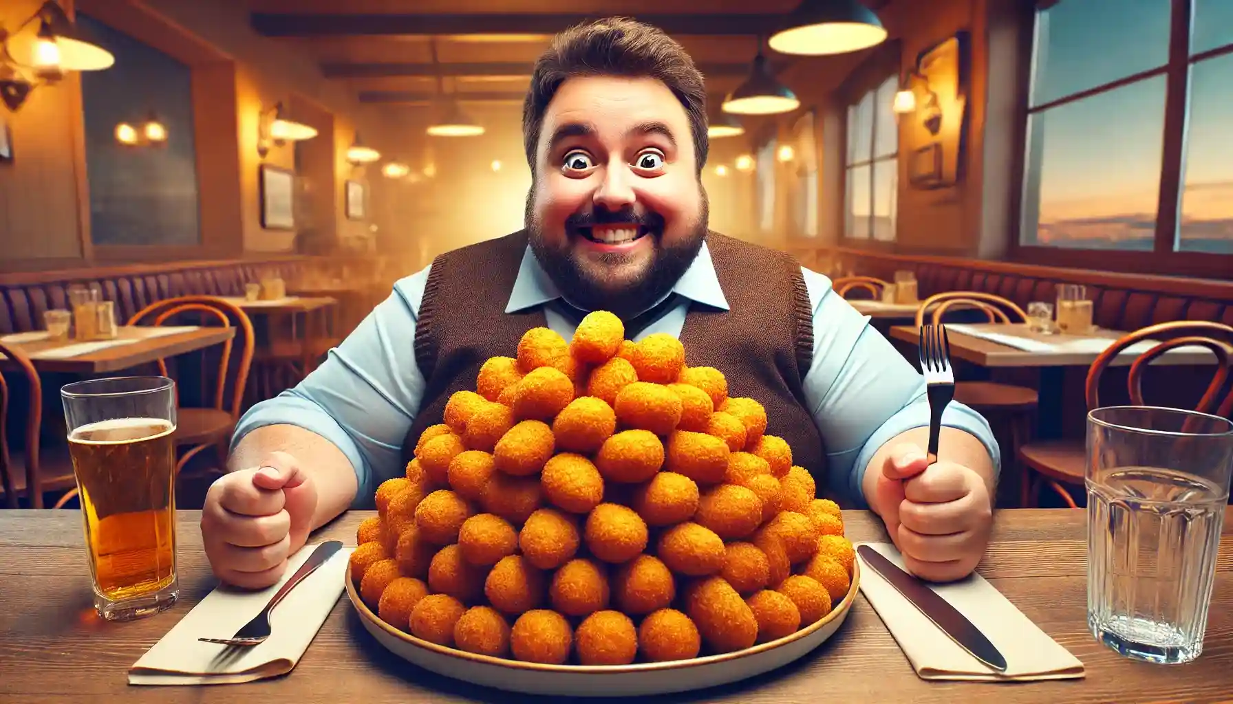 Hombre emocionado con un plato gigante de croquetas en un restaurante, representando el récord mundial de 237 croquetas en tres horas.