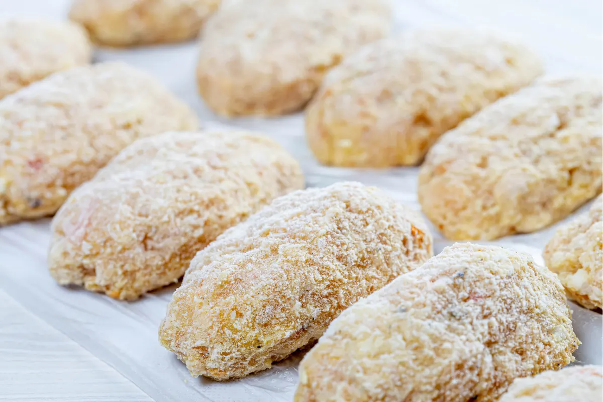 Croquetas caseras ya formadas y rebozadas, listas para congelar sobre papel de horno.