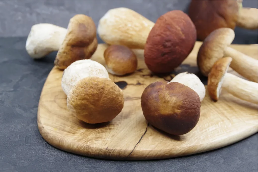 Boletus frescos sobre una tabla de madera, el ingrediente perfecto para unas croquetas caseras.
